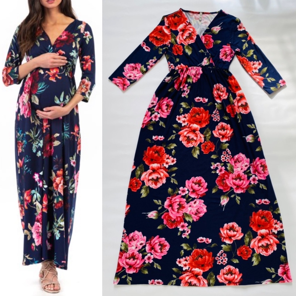 MOTHER BEE Maternity Navy Pink Floral Maxi Dress sz Small V-neck 3/4 Sleeves
